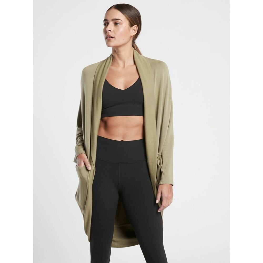 Athleta Olive Green Open-Front Draped Cardigan